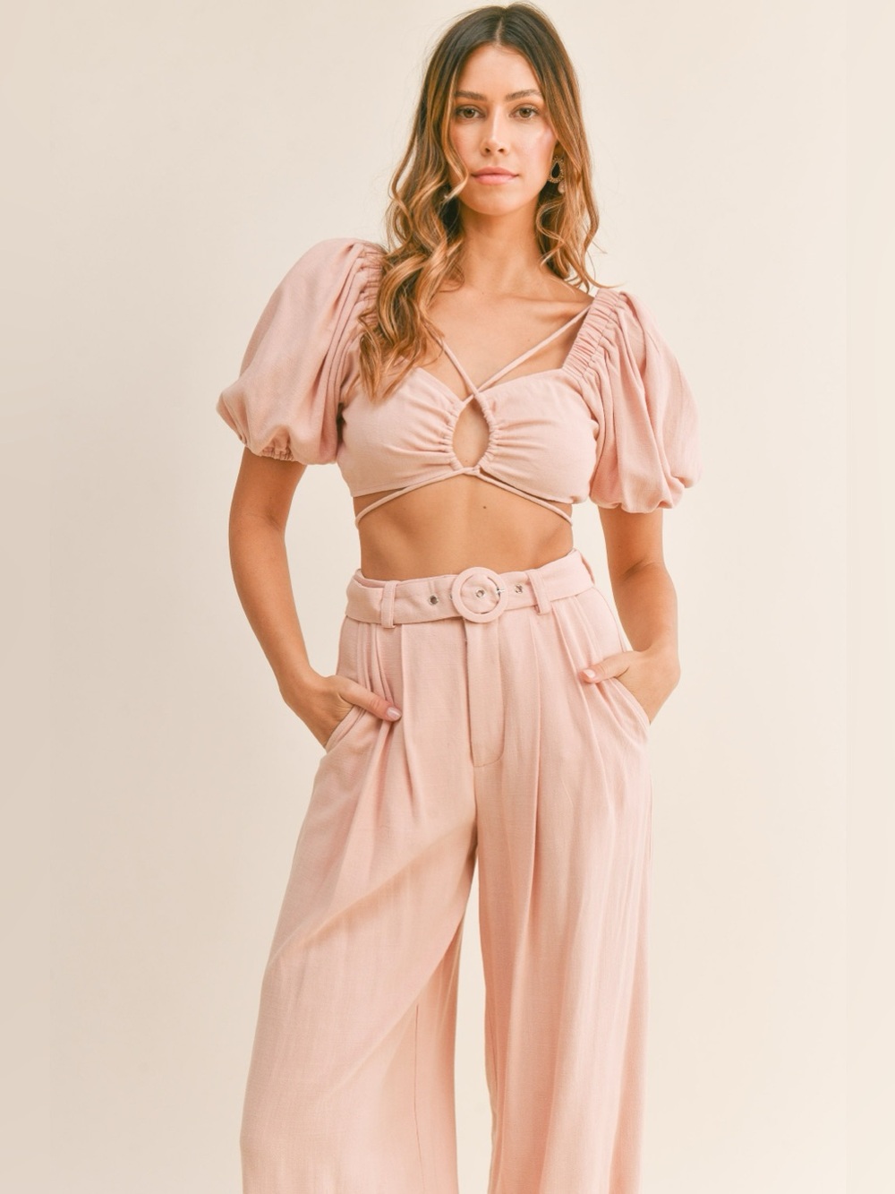 MABLE Cut Out Drawstring Crop Top and Belted Pants Set
